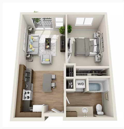 Floor plan for 1 bed, 1 bath, 612 sqft